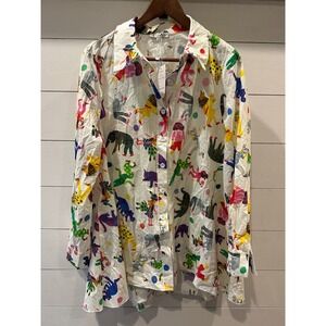 Adore Womens XL White Cotton Novelty Animal Print Button Down Shirt Whimsical